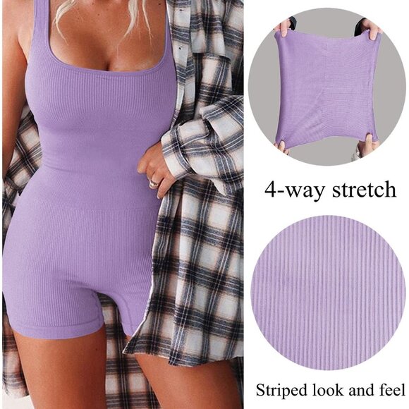 🆕 Women Purple Workout Unitard Bodysuit Seamless Yoga Ribbed Active Romper Sexy - Picture 6 of 7